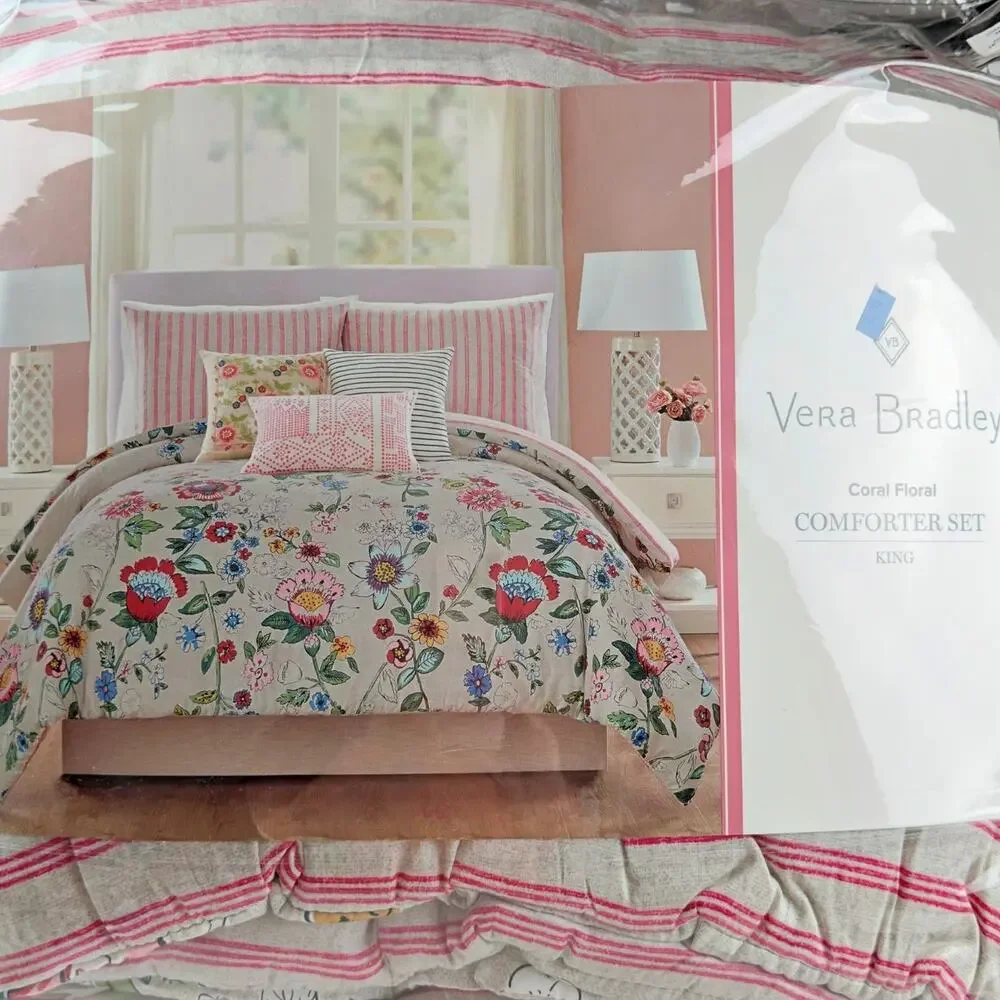 Vera Bradley KING Comforter Set Coral Floral Vibrant Reversible Preppy Stripe